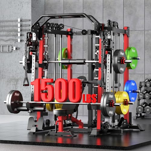 Smith Machine with Cable Crossover System, Multi-Function Squat Rack Power Cage for Home Gym, Power Rack and Packages Weig...