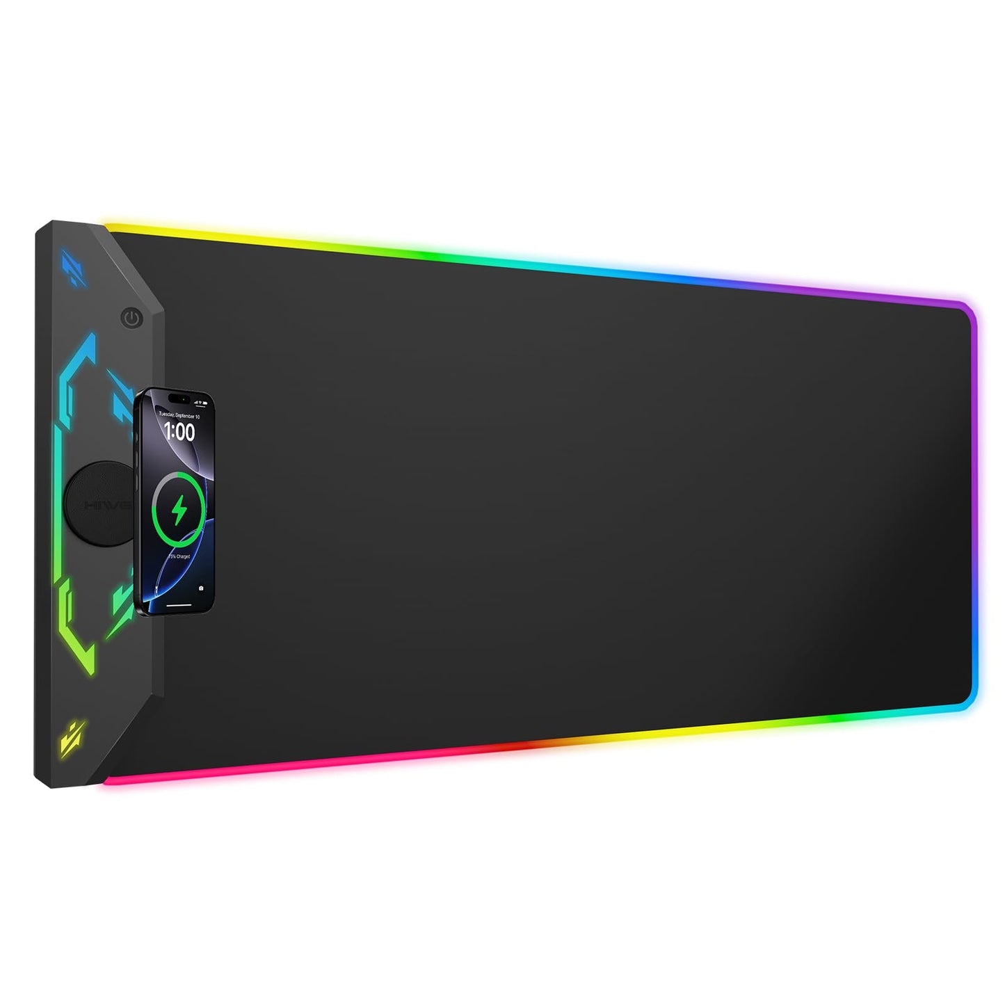 Gaming Mouse Pad RGB, 35"x15.8" Large Keyboard Desk Mat with Magnetic Wireless Charging for iPhone, 24 Light Effects, Non-Slip Base, Waterproof Ultra-Smooth Surface, with Adapter, Black