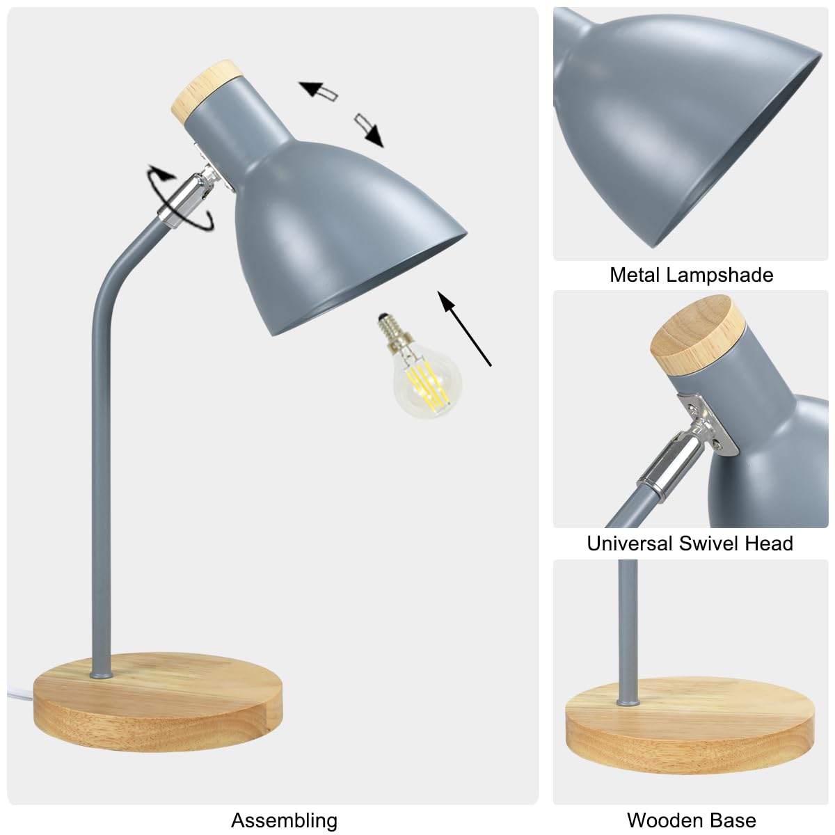 Lampwell Helle Grey Adjustable Desk Lamp - Metal, 9.69X5.91X14.88In, Ideal For Home Office, Bedrooms, Kids, Students, Model 21904