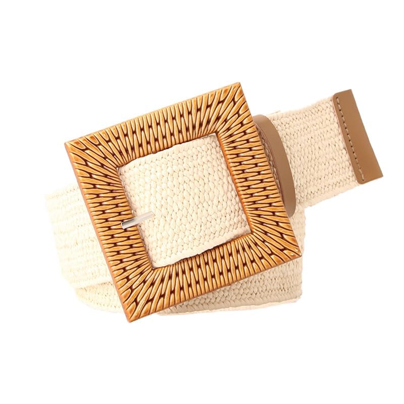 COTIM COYIN Women's Square Buckle Elastic Straw Braided Belts, Woven Boho Waist Belt, Beige