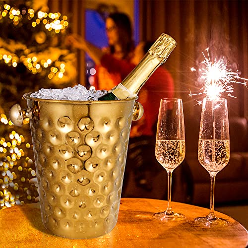 BARsics 5-Quart Metal Golden Champagne Bucket, Hammered Mirror Finish Stainless Steel Ice Bucket for Party, Wedding, Banqu...