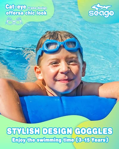 Seago 2 Pack Kids Swim Goggles with Fabric Strap for Kids 3-12, Cat-Shaped Swimming Goggles Anti-Fog UV Protection Leakproof