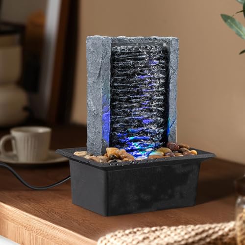 Tabletop Fountain Indoor Waterfall Rock Fountain LED-Lights Water Feature Waterfall for Modern Home and Office Indoor Deco...