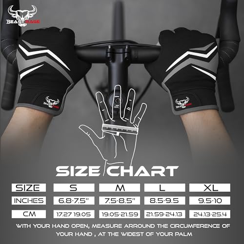 BEAST RAGE Full Finger Cycling Gloves with Padding for Men Women, Anti-Slip, Shock Absorbing, Breathable, Touchscreen Moun...