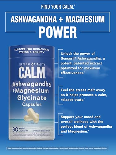 Natural Vitality Calm Ashwagandha + Magnesium Glycinate Capsules | Support for Occasional Stress & Anxiety | Gluten Free S...