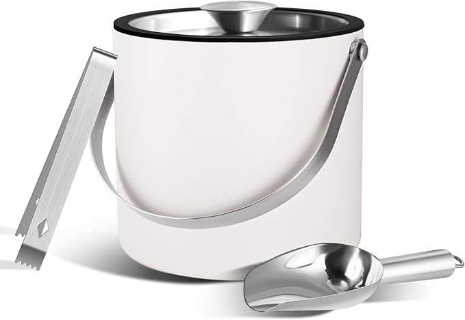 Bakpoco Insulated Ice Bucket with Silicone Lid, Scoop, Tongs & Strainer, 3L Stainless Steel Double Wall Ice Buckets for Pa...