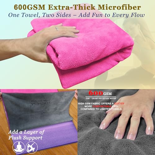 CORTHENA Yoga Mat Towel with Hand Towel, Extra Thick (600GSM) Soft Hot Yoga Towel, Non-Slip and Sweat Absorbent for Hot Yo...