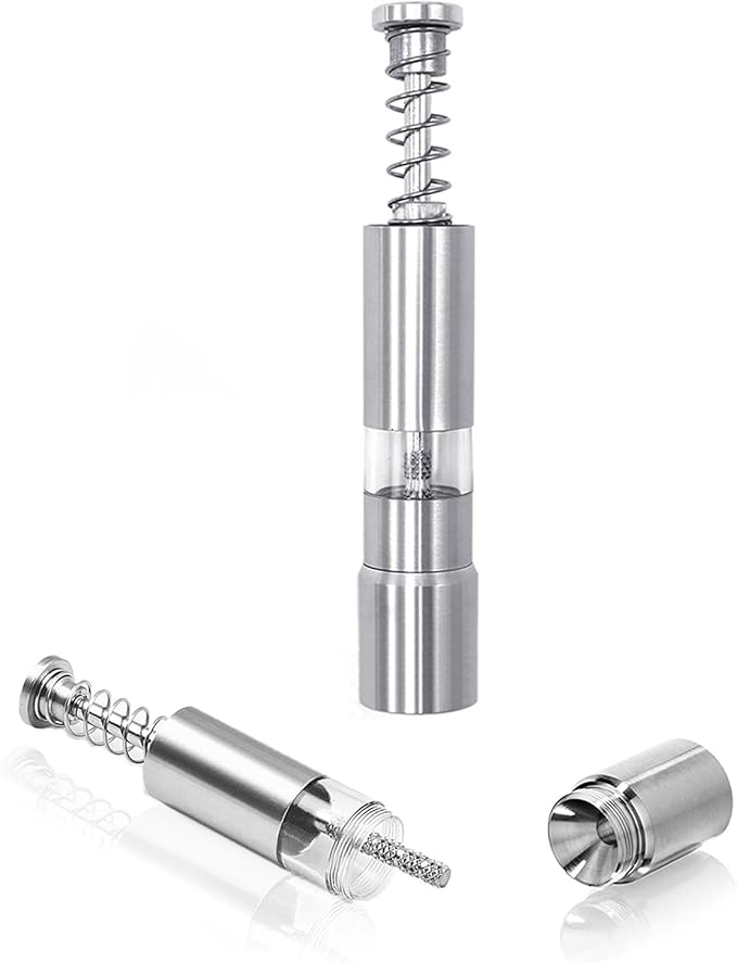 Single Stainless Steel Salt and Pepper Grinder Set, Manual Refillable Peppercorn Mills with Push Button, Thumb Grinder, Sliver White, One Piece