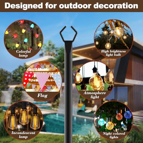 10Ft String Light Poles 4 Pack,Light Poles for Outside Lights,Outdoor with Fence Brackets Hanging Lights,Metal Stand Deck ...