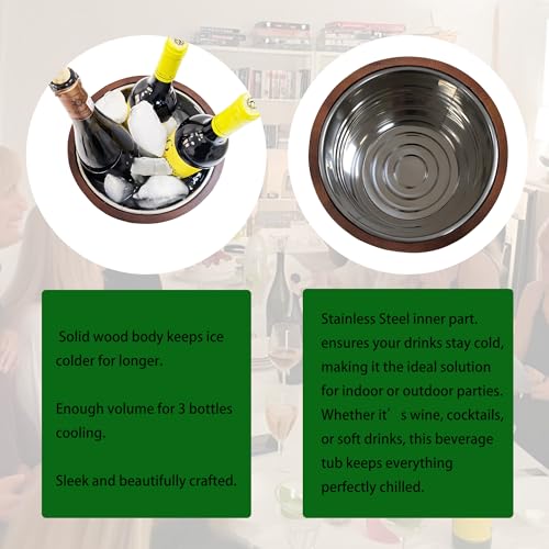 arborishthink Stainless Steel & Wood Wine Chiller Bucket | Ice Cooler | Compact & Portable for Wine Beer Beverage Cooler B...