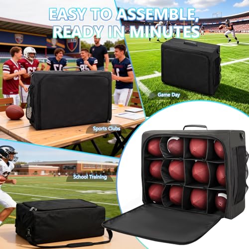 Football Bag Holds 12 Official-Size Footballs, 12-Compartment Ball Carrier with Dividers, Top-Open Organizer Case with Sho...