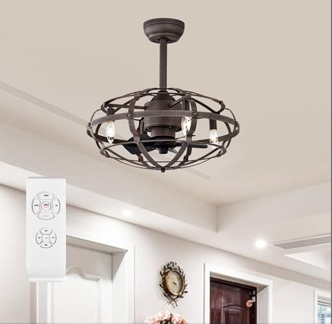 NicBex Ceiling Fan 20 Inch Indoor Industrial Ceiling Fan with Lights Ceiling Fans with 5 Blades and Remote Control Caged Ceiling Fan for Bedroom, Living Room, Matte Brown