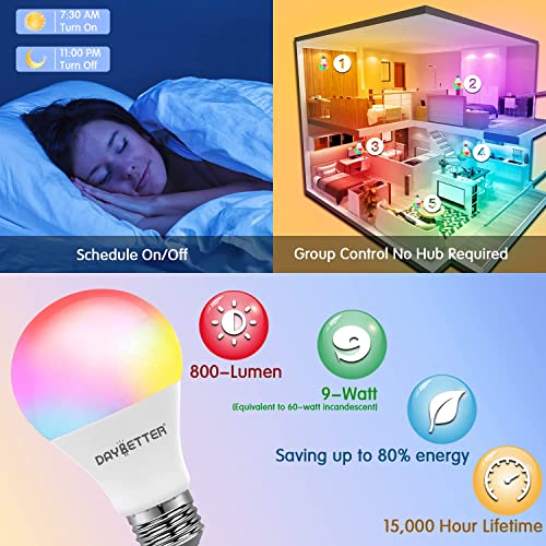 DAYBETTER Smart Light Bulbs, Alexa Light Bulb, WiFi Light Bulbs, RGBCW Color Changing Light Bulb A19 9W 800LM, Smart Bulbs...