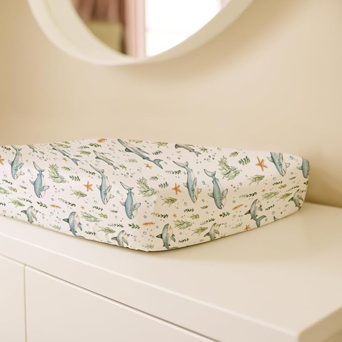 Changing Pad Cover for Baby Boys Girls 2 Pack, Fits Standard 32”×16” Changing Table Pads, Silky Breathable Stretch Knit, Machine Washable (Turtle & Shark)