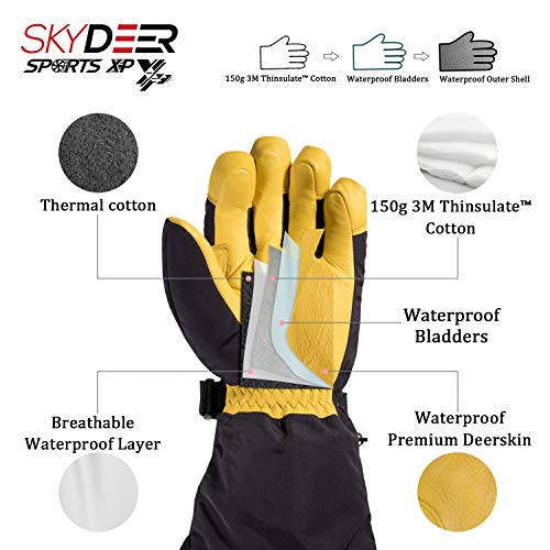 SKYDEER Waterproof and Windproof Genuine Deerskin Leather Ski Gloves with 150G 3M Thinsulate Insulation (SD8648T)