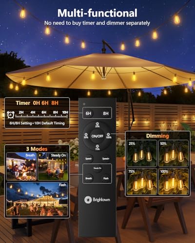 Brightown 100FT Solar String Lights Outdoor Waterproof with Remote, 31+2 LED Shatterproof Bulbs, Dimmable & Timable, 3 Lig...