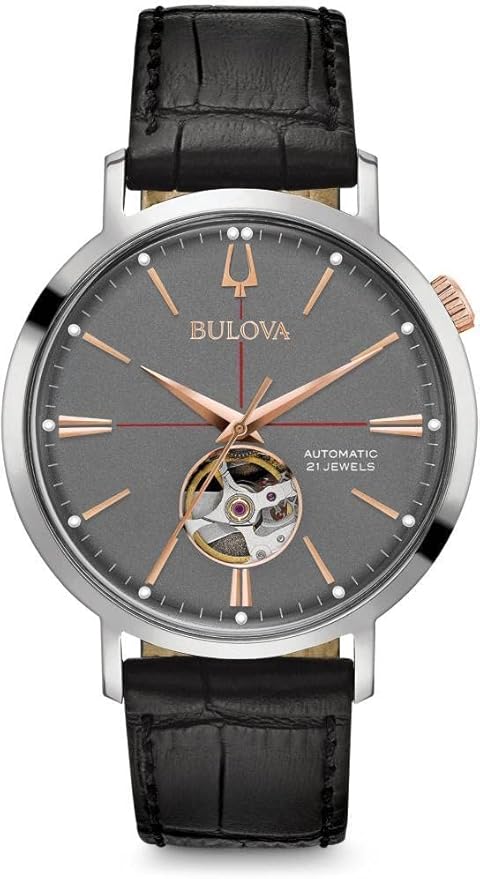 Bulova Men's Classic Aerojet 3-Hand Automatic Leather Strap Watch, Open Aperture, 40-Hour Power Reserve, Double Curved Min...