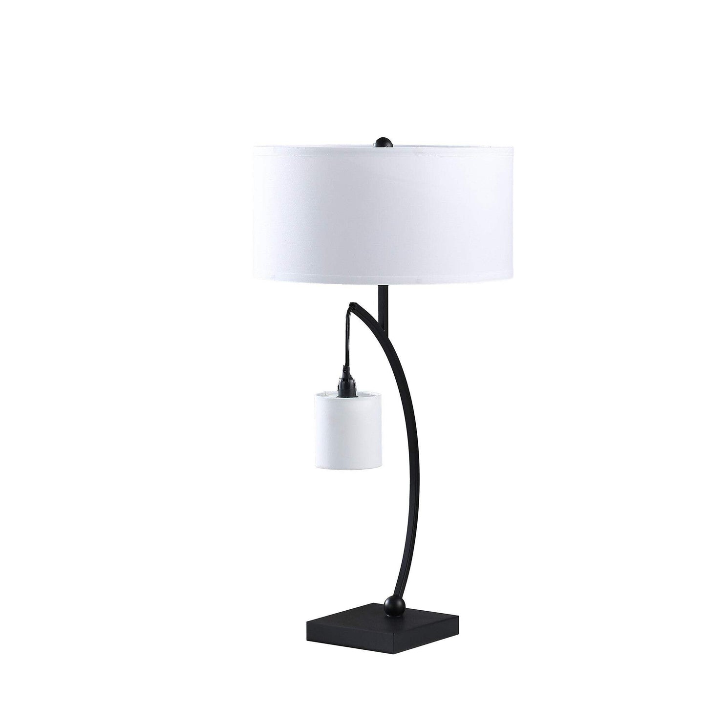 Homeroots Black Metal Two Light Arched Table Lamp With White Drum Shade, Model 524264, 28.5 X 15 X 15 In.