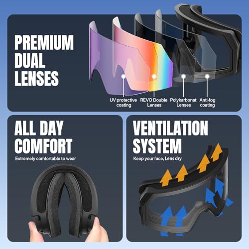YOZISS Ski Goggles Men Women,OTG Snowboard Goggles Over Glasses,Anti Fog Winter Sports Goggles for Snowboard Snowmobile