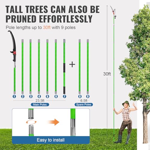 30 Ft Manual Pole Saw, Extendable Tree Pruner Blade and Scissors Set with 9 Fiberglass Handles, Long Branch Pruner Retract...