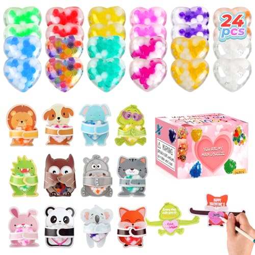 24Packs Valentines Day Heart Stress Balls with Cards,Squishy Squeeze Balls Bulk Fidget Toys for Adults,Stress Relief Ball...