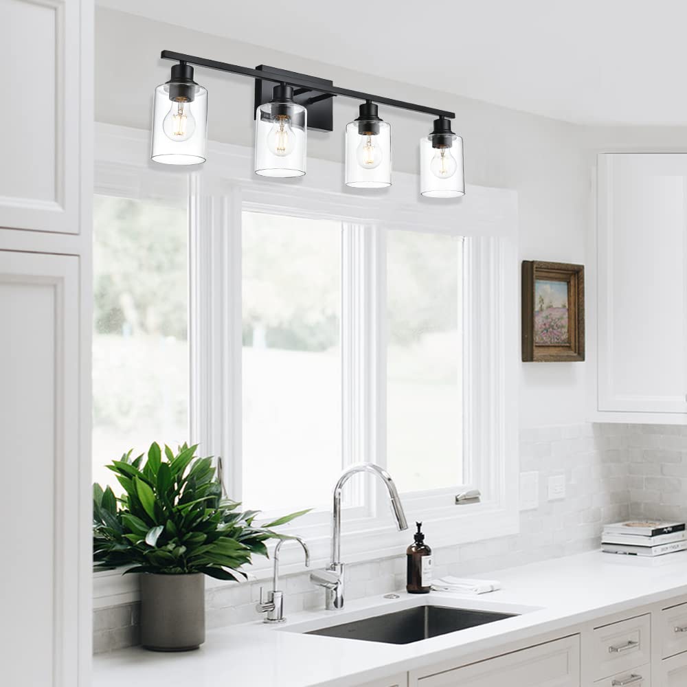 Vinluz 4-Lights Black Bathroom Vanity Light Fixtures With Clear Cylinder Glass Shade Industrial Metal Wall Mounted Lighting Over Mirror