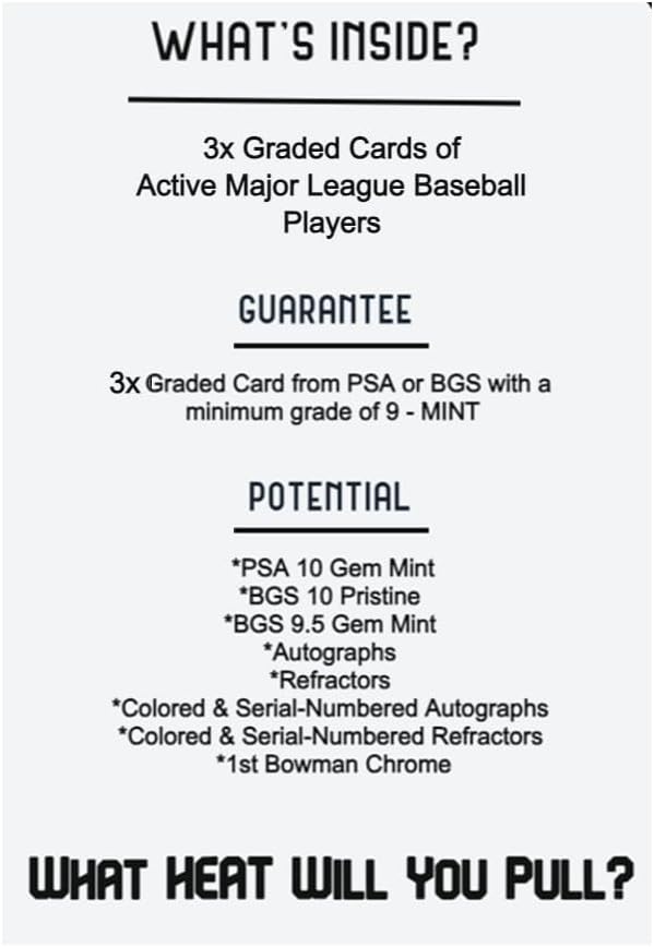 Three Graded Baseball Cards Gift Box: MLB Edition │Three Premium PSA/BGS Graded 10, 9.5 or 9 Cards │Potential Rookie Autographs & Numbered RC Refractors│Gift for Baseball Fans│by Slabs of Heat