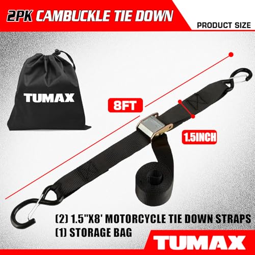TUMAX Tie Down Strap Cambuckle Strap - 2500lbs Break Strength, 1.5 in x 8ft Cargo Straps with Safety S-Hooks, Heavy Duty C...