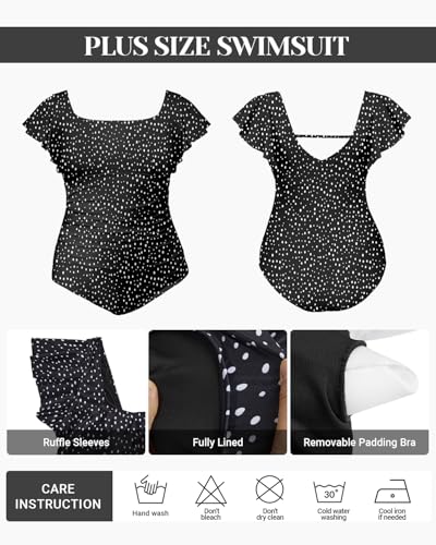 Plus Size One Piece Swimsuit - Women Tummy Control Bathing Suit Ruffle Vintage Swimwear with Sleeves