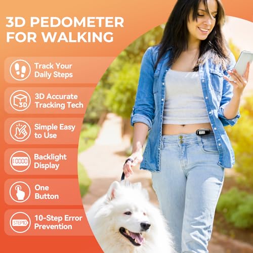 3D Pedometer for Walking, Simple Walking Step Counter with Removable Clip and Strap, USB Rechargeable Step Tracker with Ba...