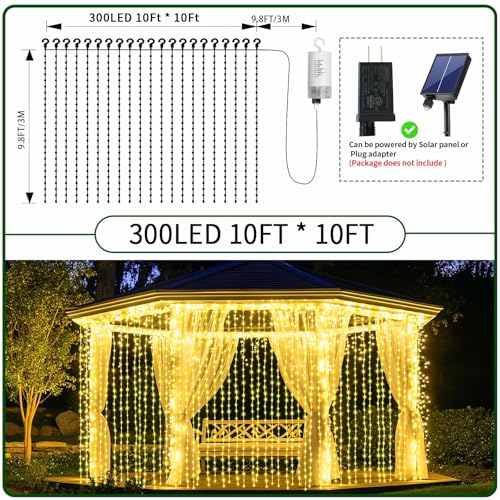 Ryblgled Battery Operated Curtain Lights 300 LED - 10ftx10ft Warm White Battery Power Fairy Curtain String Lights with Rem...