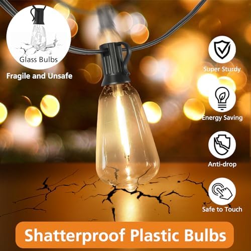 Brightever 100FT LED Outdoor String Lights with Remote, 3 Color Options, 52 ST38 Bulbs, Model CMPC-O50XA