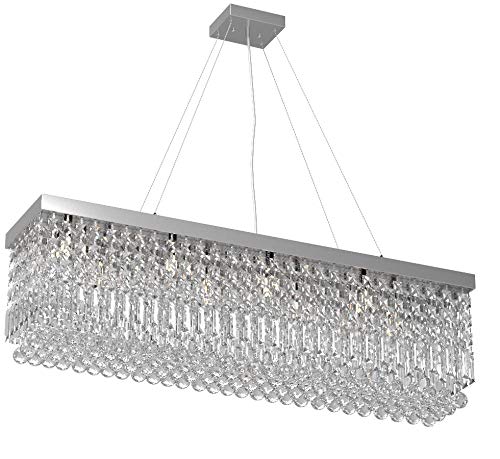 7Pm Modern Rectangle K9 Crystal Chandelier Pendant Light Fixture, Chrome, 31.5X10X10, Ideal For Dining Room & Kitchen Island