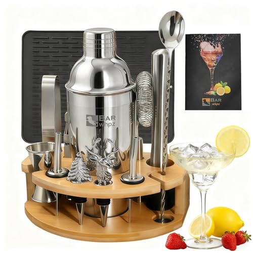 Silicone Pad Included Cocktail Shaker Set Bartender Kit,Mixology Bartender Kit 13-Piece with Bamboo Stand,Martini Shaker K...