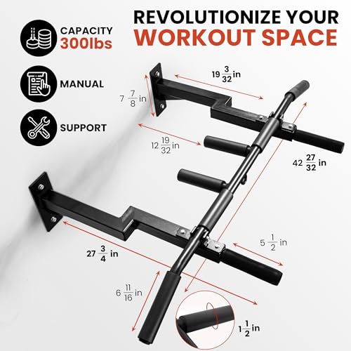 Yes4All Multi-Grip Wall Mount Pull-Up Bar, 16 Inches & 24 Inches Reversible Stud and Wall Compatibility Mounted Pull Up Ba...