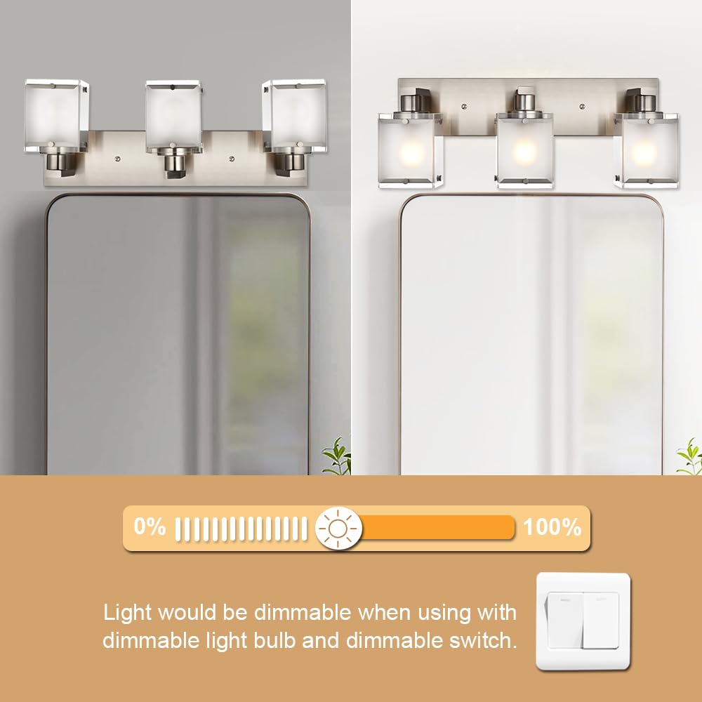 Winshen Modern 3-Lights Brushed Nickel Vanity Lights  Bathroom Light Fixture Over Mirror Wall Lighting Sconces With Frosted Glass Shades  E26 Bulb Base