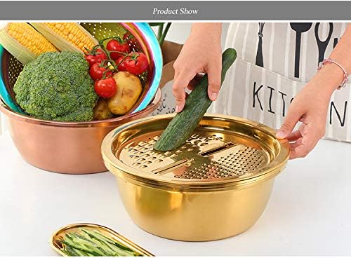 3PC/Set Colander set Stainless Steel Vegetable Slicer Fruit Potato Peeler Carrot Grater Strainer Utensil Round Rice Washer Bowl Drain Basket-Red