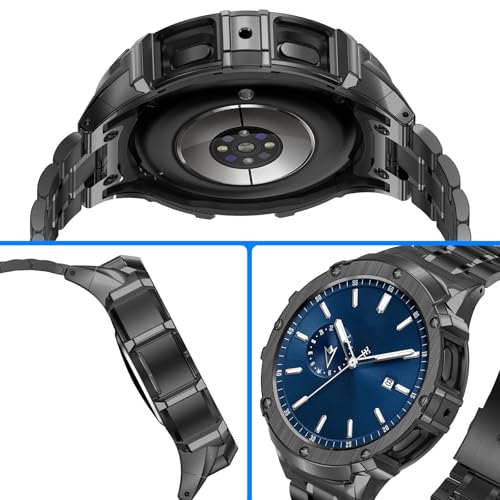BAITEYOU Stainless Steel Bands with Case Compatible with Samsung Galaxy Watch 7 44mm, Rugged Protective Case Cover and Met...