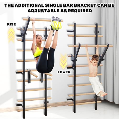 PreGymnastic Stall Bars, Swedish Ladder for Adult and Kids, Wall Bar with Wood Rods, Durable Steel Frame, Adjustable Pull ...