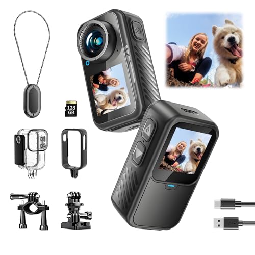 NUISK Mini Action Camera 4K | 128G Thumb Sports Camera with EIS Stabilization, Wearable POV Chest Camera, Waterproof for R...