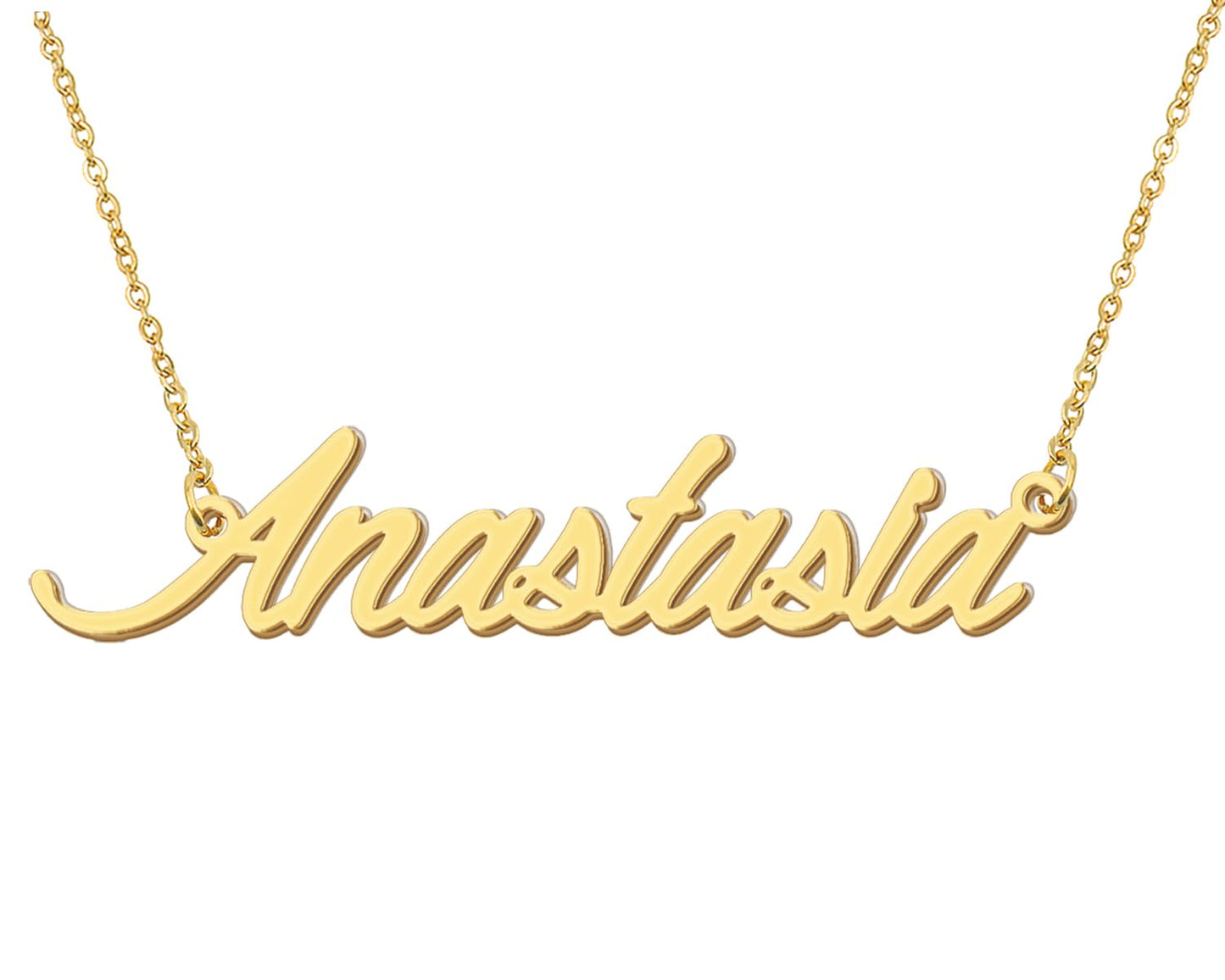Aoloshow 18k Gold Plated Anastasia Name Necklace Initial Nameplate Necklaces Womens Stainless Steel Jewelry for Christmas