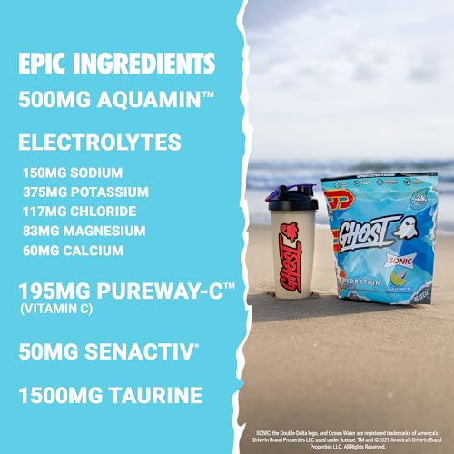GHOST Hydration Packets, Sonic Ocean Water, 24 Sticks, Electrolyte Powder - Drink Mix Supplement with Magnesium, Potassiu...