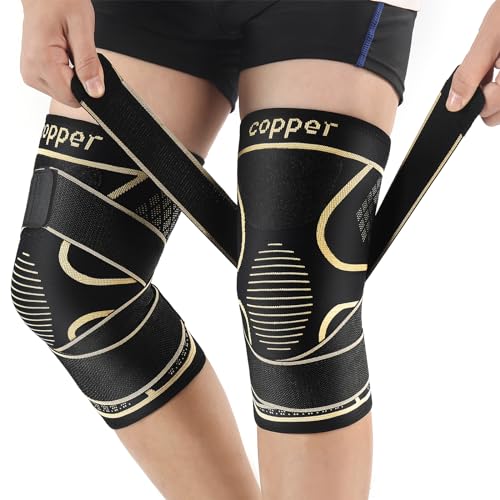 Copper Knee Braces with Strap for Knee Pain Women and Men(2 Pack), Knee Compression Sleeve for Arthritis, ACL, Meniscus Te...
