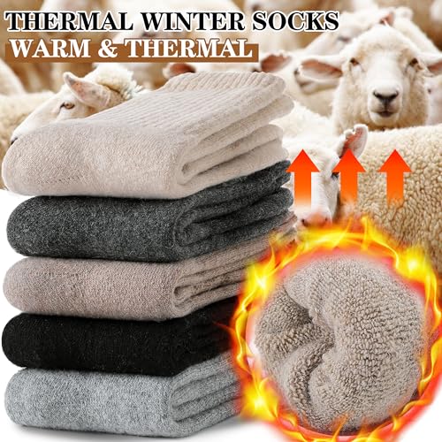 MOGGEI 5 Pairs Womens Merino Wool Socks Hiking Warm Winter Thick Thermal Crew Cozy Cabin Ladies Gift Comfy Boot Work Socks