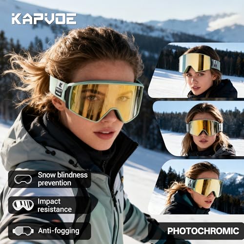 KAPVOE Ski Goggles Photochromic & Color - Anti-fog UV400 Protection Magnetic Lenses OTG Helmet Compatible for Men Women K721