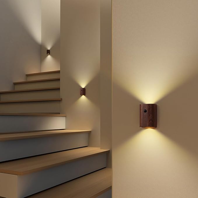 LANDGOO Smart Night Light Step Light - Rechargeable Motion Sensor Stair Lamp, 2700K Warm White LED Walnut Wood for Bedroom Hallway Safety (1 Pack)