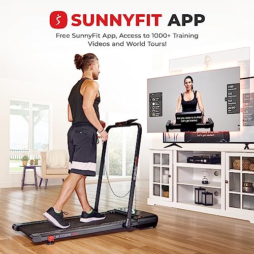 Sunny Health & Fitness Sleek Compact Smart Treadpad Treadmill with 6-Level Auto Incline, Remote Control, Shock Absorption,...