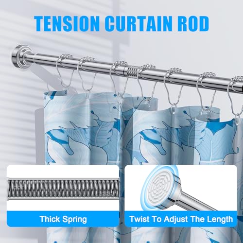 TEECK Shower Curtain Rod, 32-80 inch Adjustable Spring Tension Curtain Rod, Never Rust Anti-Slip Shower Curtain Rod for Ba...