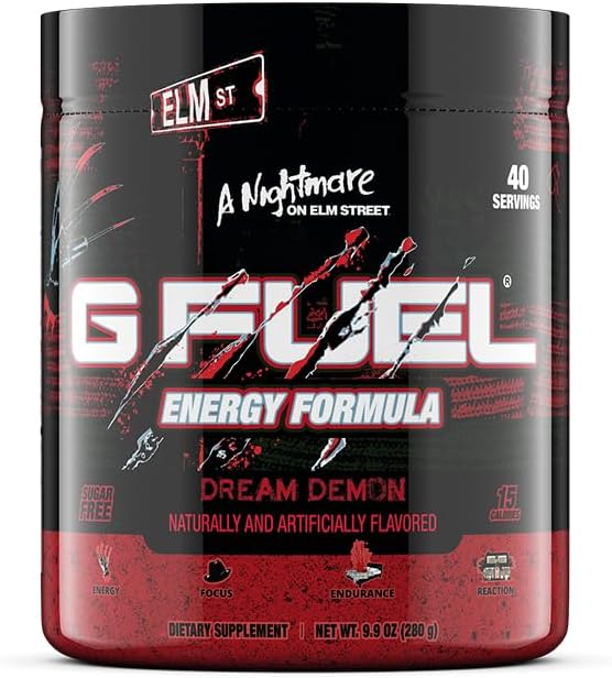 G Fuel Nightmare On Elm Street Energy Drink Powder, Pre Workout Caffeine Mix for Gaming, Sugar Free Focus Amino, Vitamin + Antioxidant, 9.9oz (Tart Fruit Punch, 40 Serving)