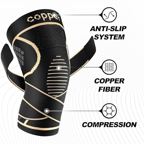 JHVW Copper Knee Brace for Women Men 2-Pack, Knee Compression Sleeve with Straps, Knee Braces for Knee Pain, Knee Support ...